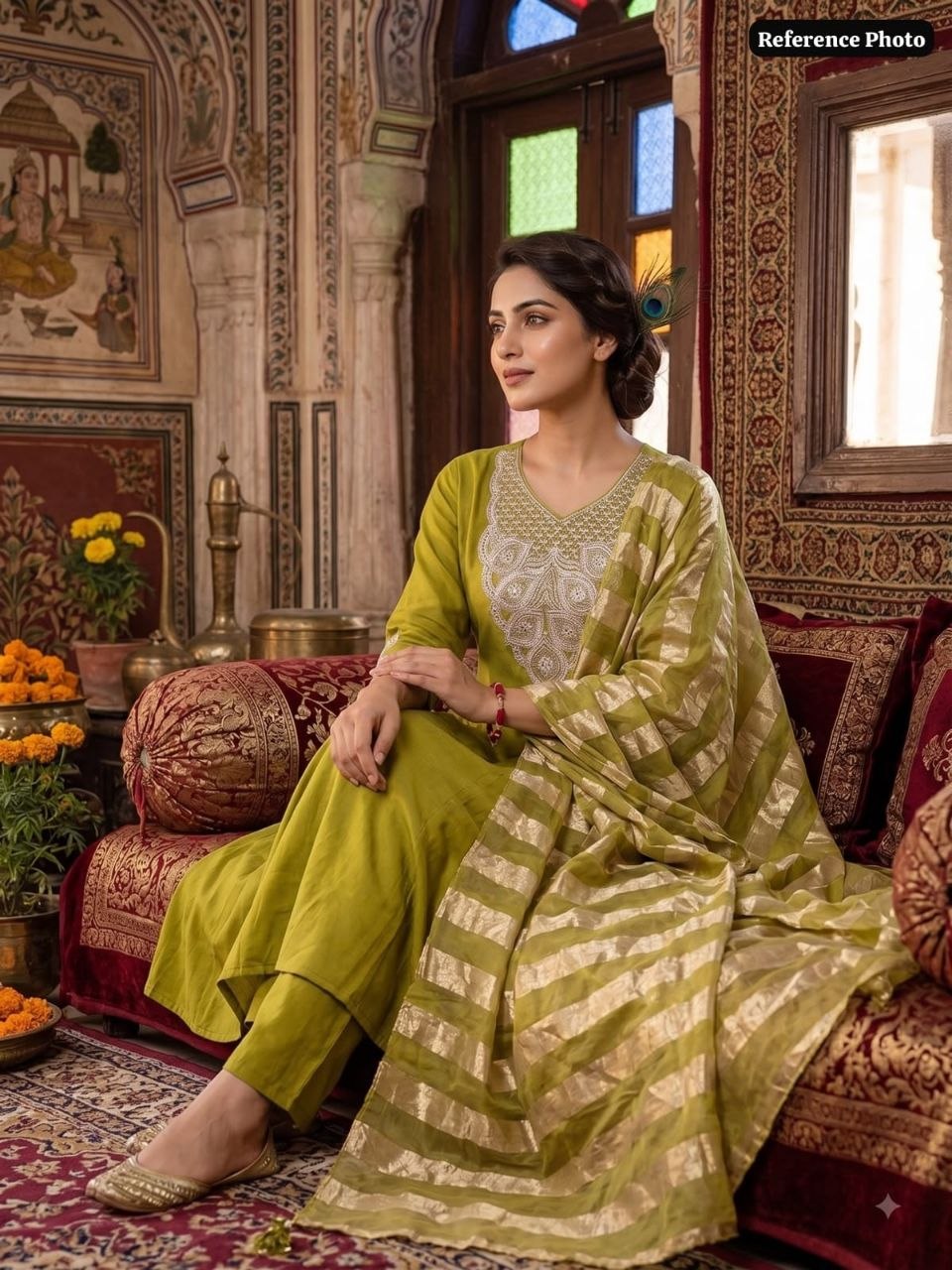 Olive Green Embroidered Anarkali Kurta Pant & Dupatta Set | Ethnic Festive Wear