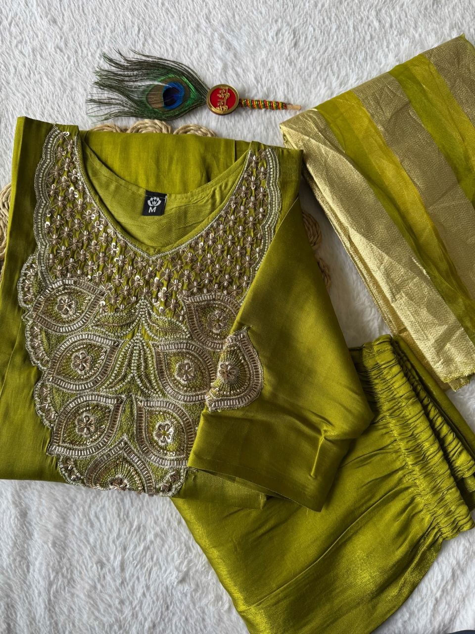 Olive Green Embroidered Anarkali Kurta Pant & Dupatta Set | Ethnic Festive Wear