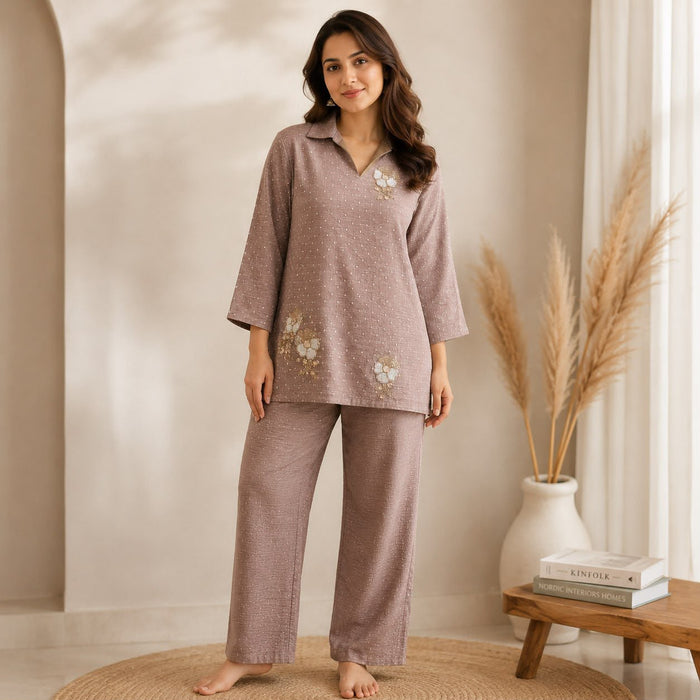 Women’s Mauve Embroidered Kurta Pant Co-Ord Set | Elegant Casual Ethnic Wear