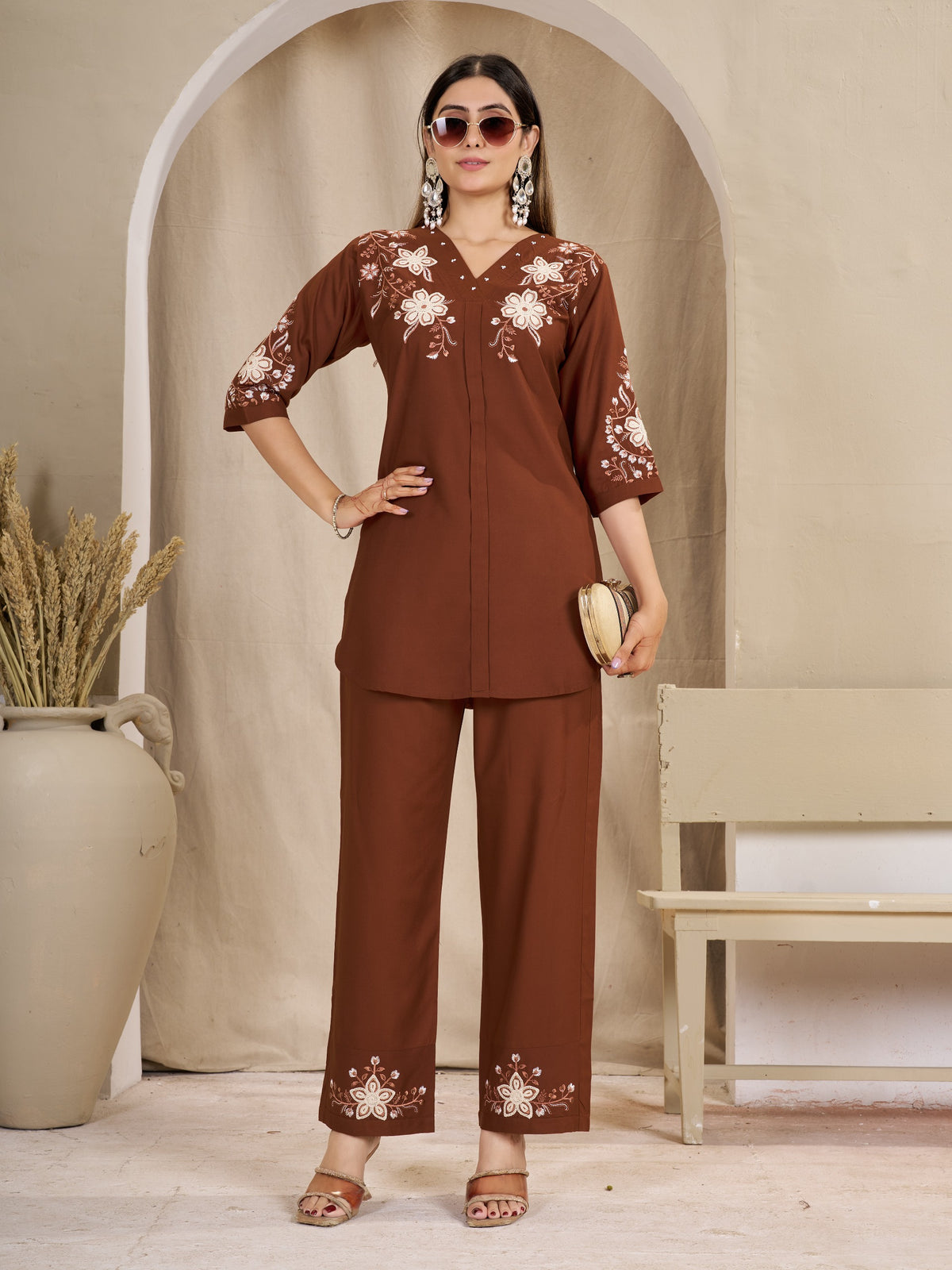 Floral Embroidered V-Neck Kurta Pant Co-Ord Set for Women