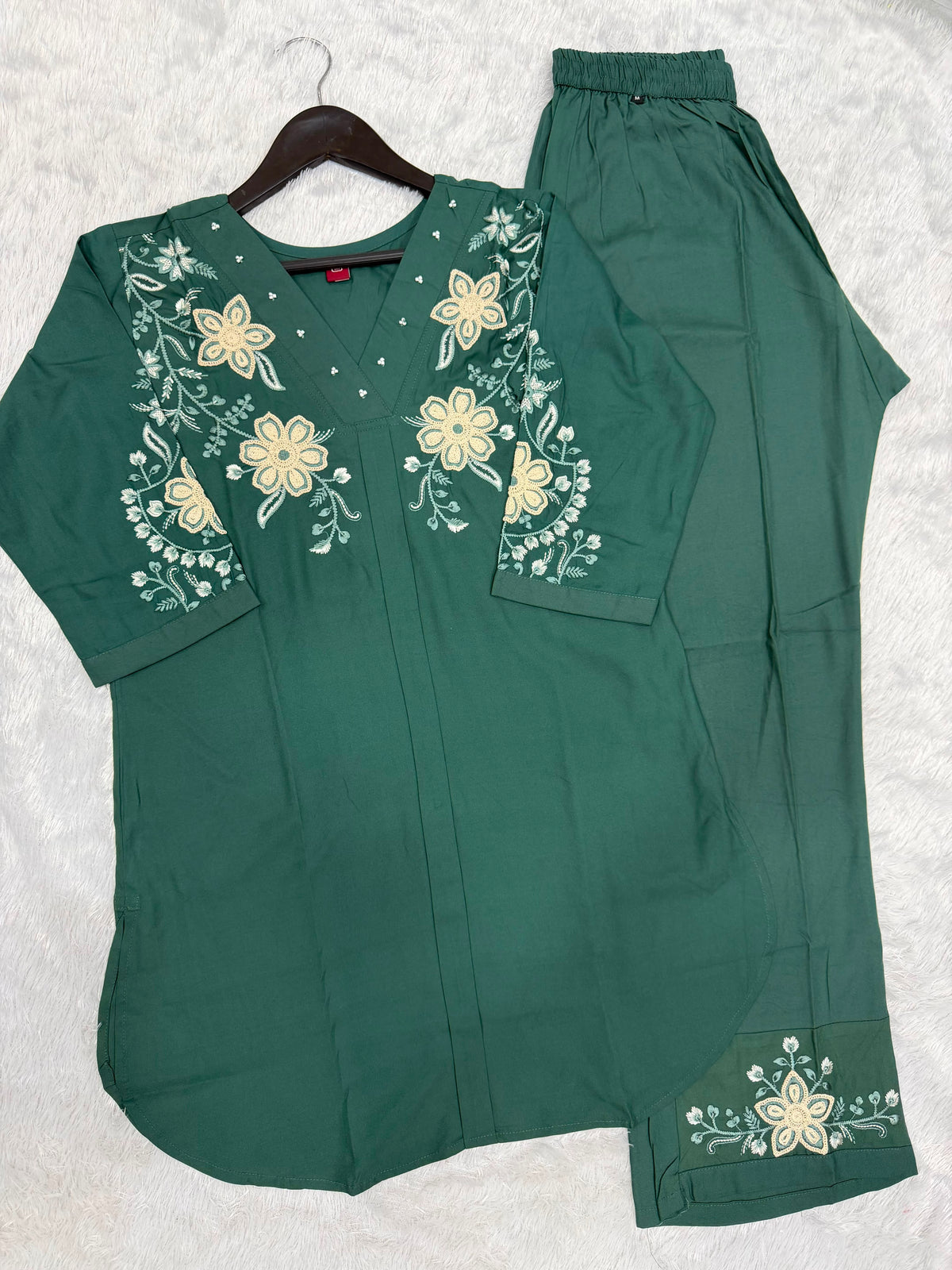 Floral Embroidered V-Neck Kurta Pant Co-Ord Set for Women