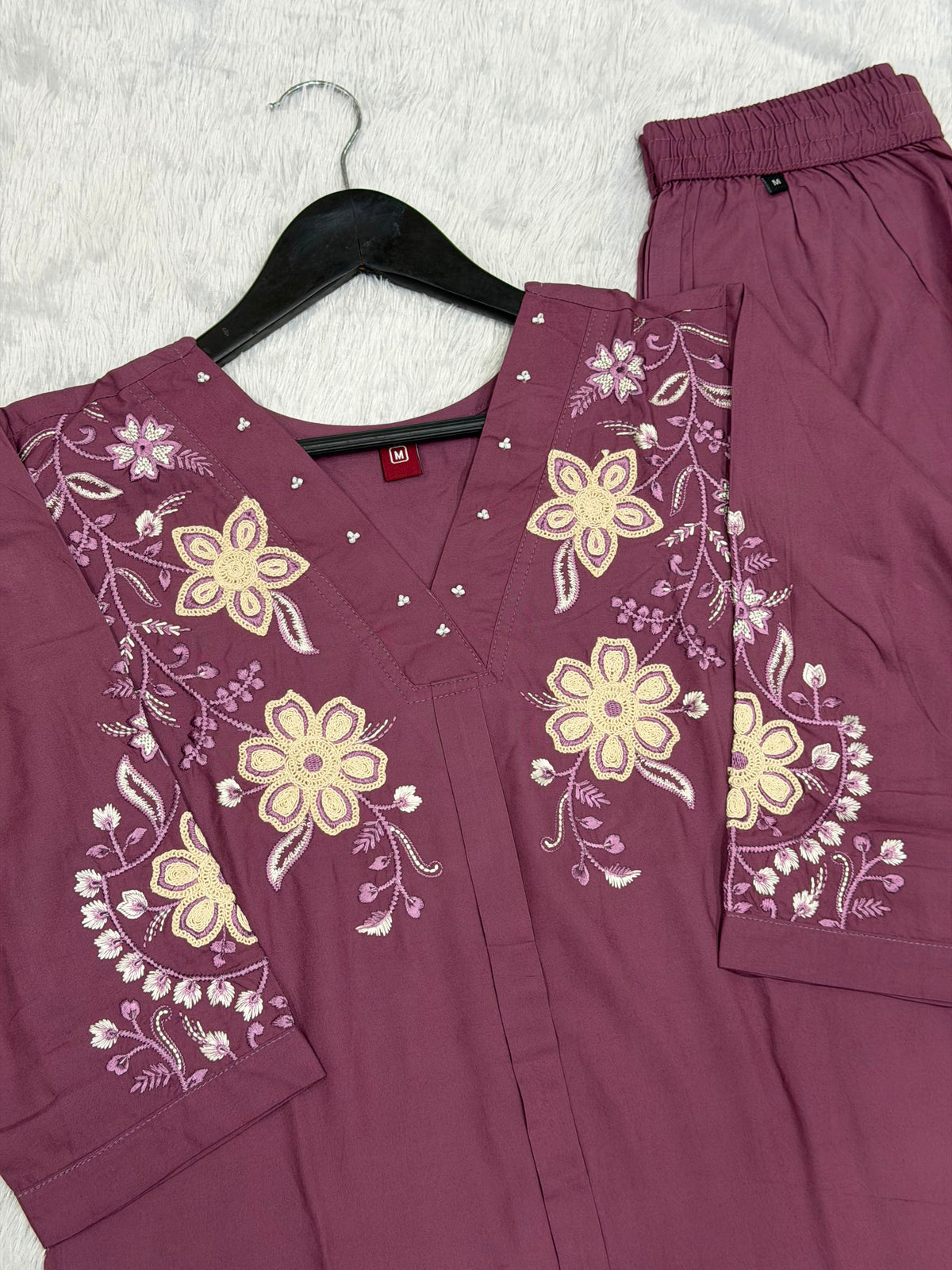 Floral Embroidered V-Neck Kurta Pant Co-Ord Set for Women