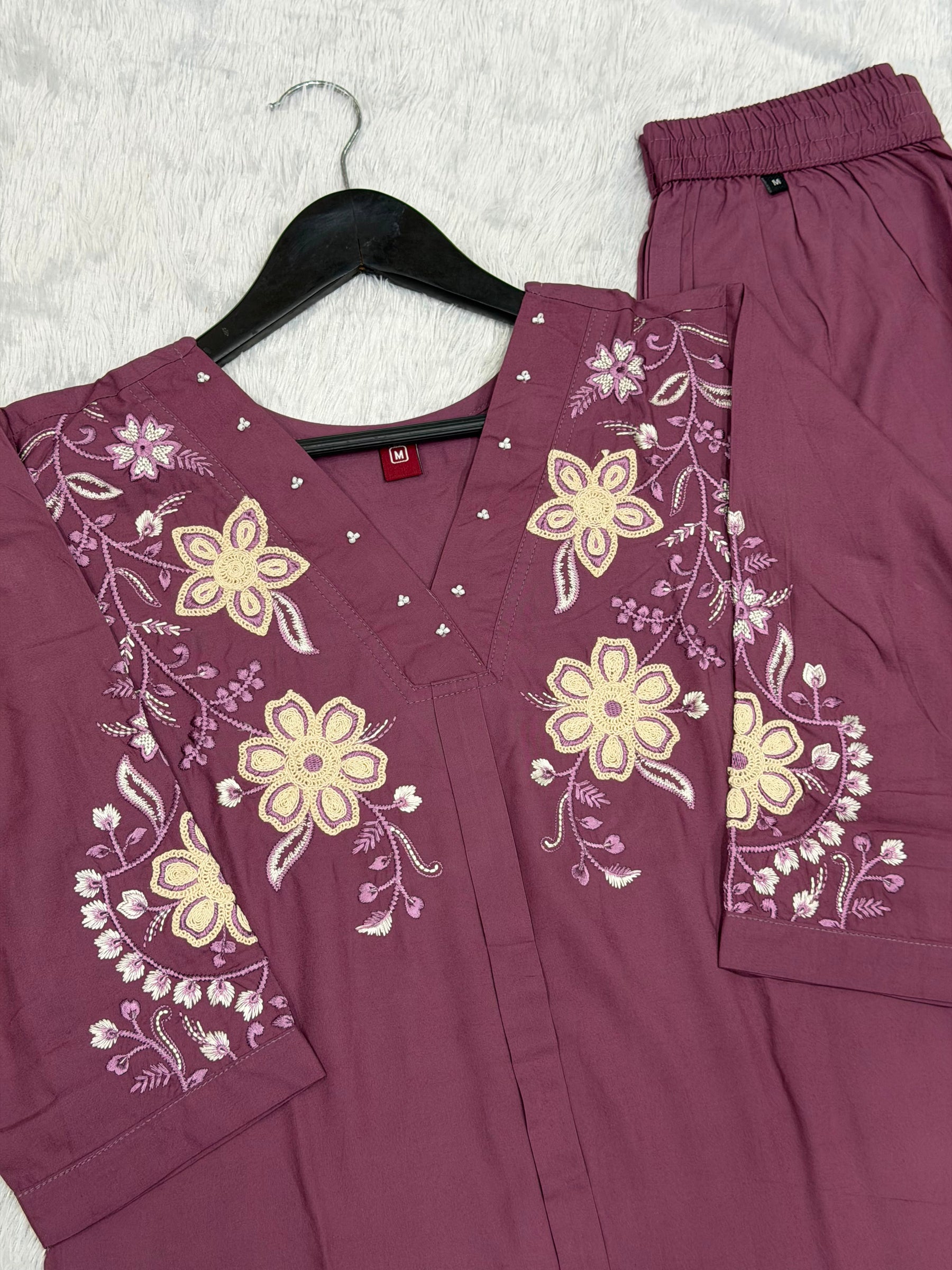Floral Embroidered V-Neck Kurta Pant Co-Ord Set for Women