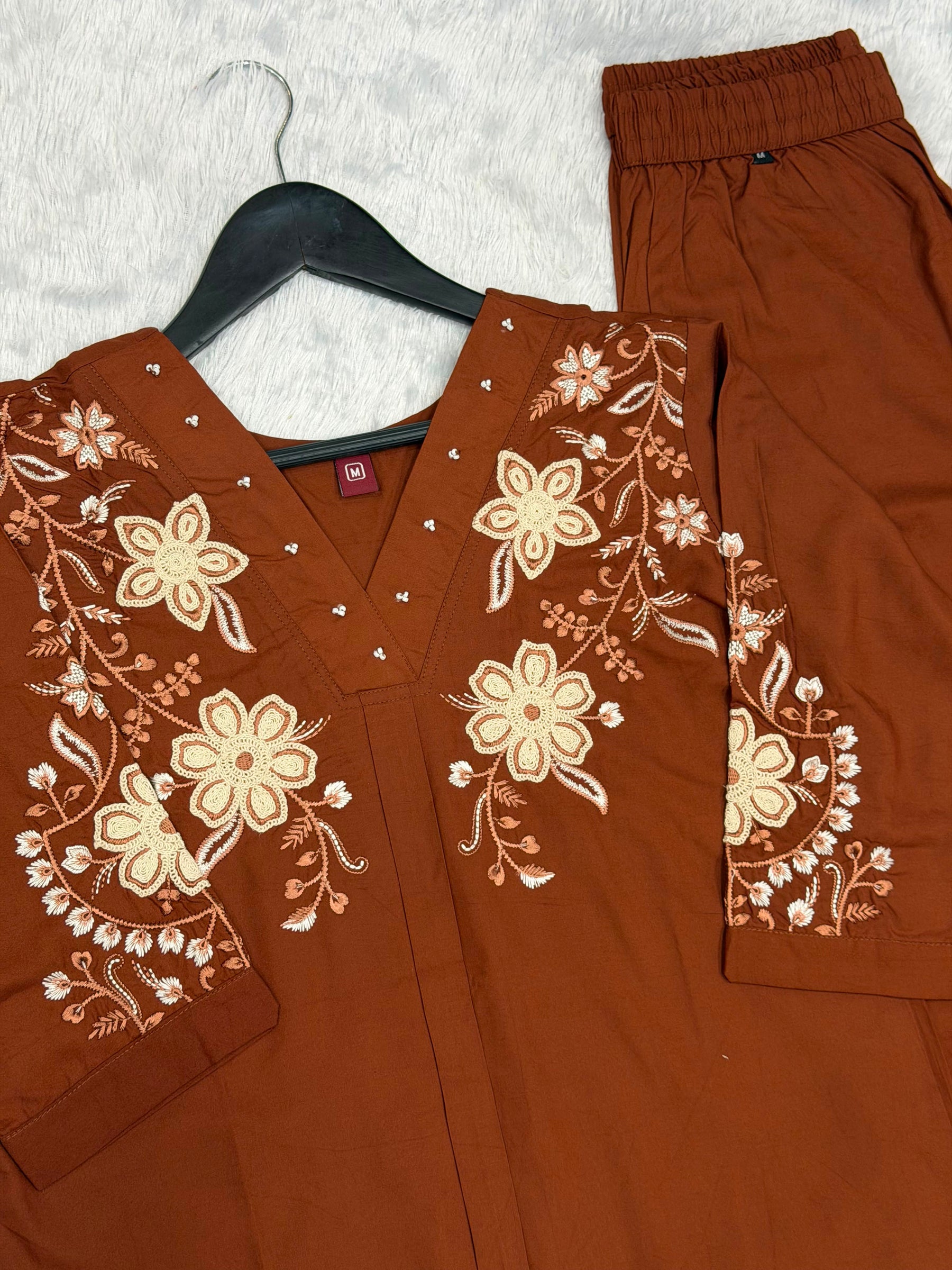 Floral Embroidered V-Neck Kurta Pant Co-Ord Set for Women