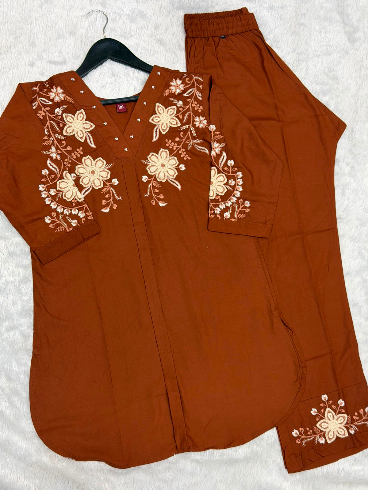 Floral Embroidered V-Neck Kurta Pant Co-Ord Set for Women