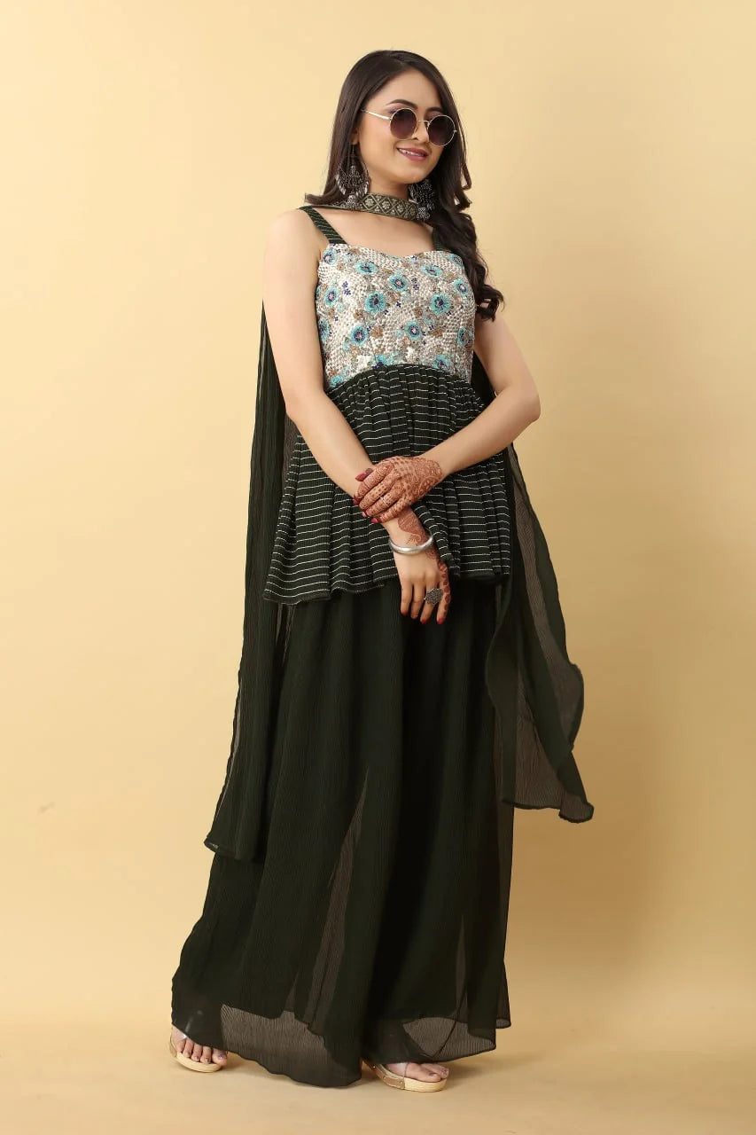 Designer Olive Green Peplum Sharara Set with Printed Bodice & Dupatta