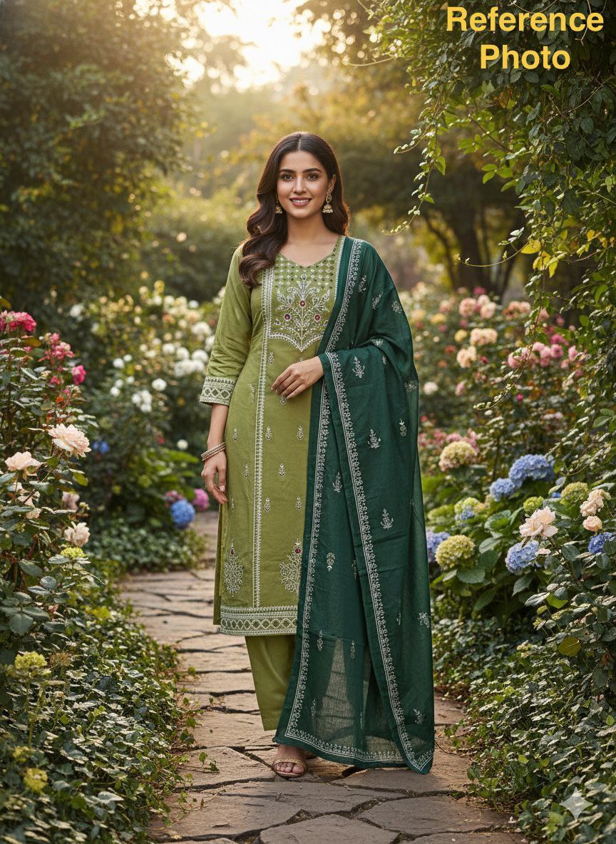 Women's Olive Green Embroidered Cotton Kurta Pant Dupatta Set | Ethnic 3 Piece Suit