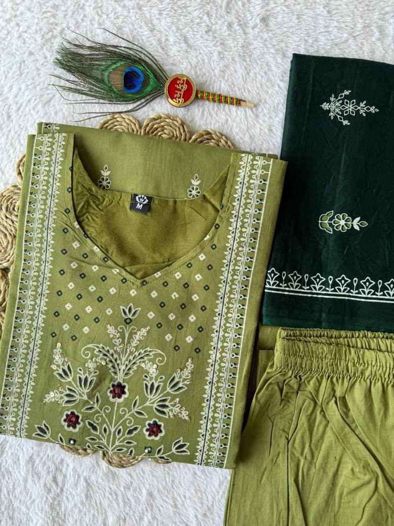 Women's Olive Green Embroidered Cotton Kurta Pant Dupatta Set | Ethnic 3 Piece Suit