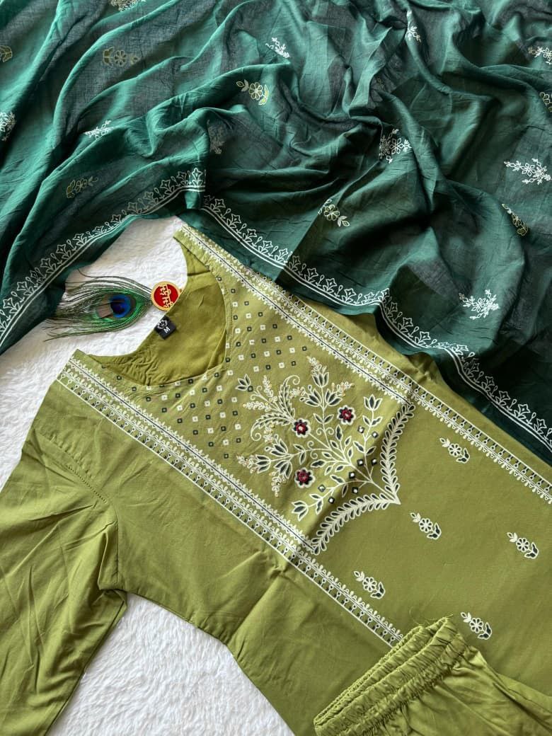 Women's Olive Green Embroidered Cotton Kurta Pant Dupatta Set | Ethnic 3 Piece Suit