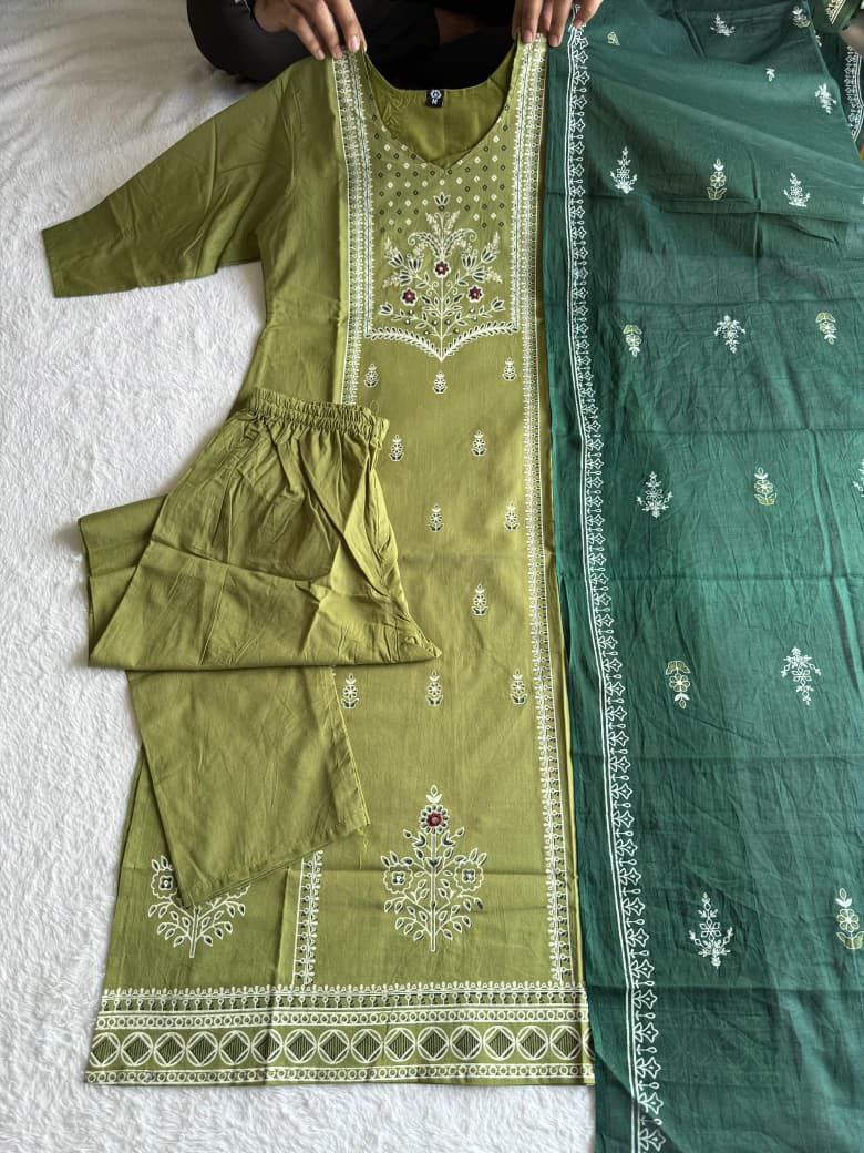 Women's Olive Green Embroidered Cotton Kurta Pant Dupatta Set | Ethnic 3 Piece Suit
