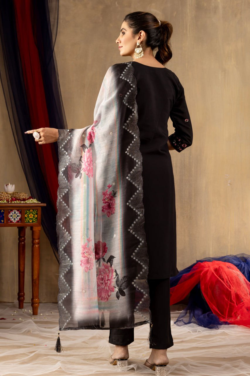 Women's Teal Embroidered Straight Kurta Pant Set with Floral Organza Dupatta