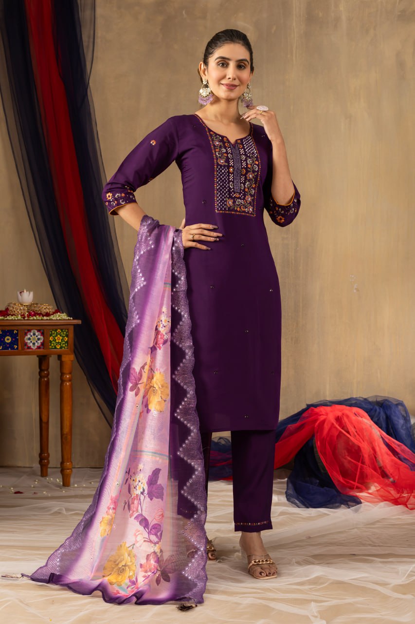 Women's Teal Embroidered Straight Kurta Pant Set with Floral Organza Dupatta