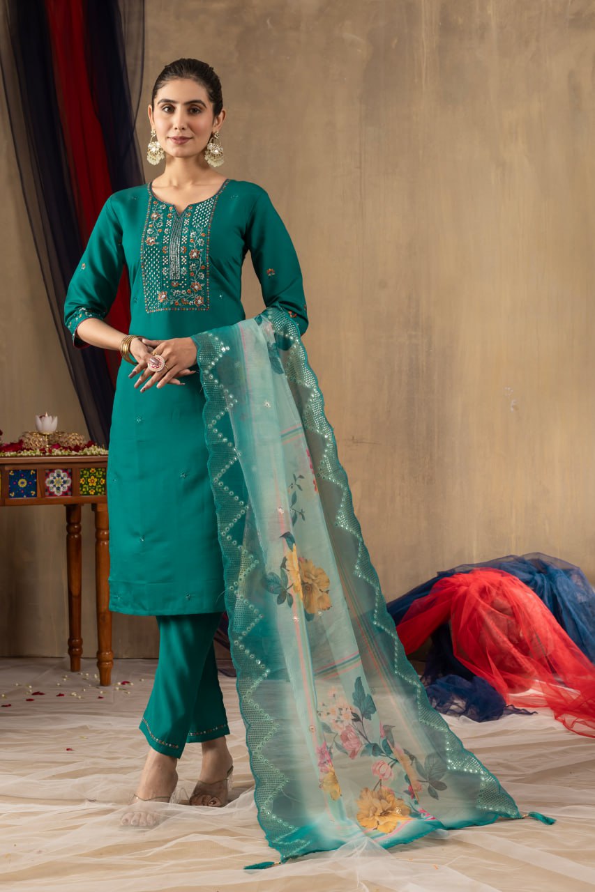 Women's Teal Embroidered Straight Kurta Pant Set with Floral Organza Dupatta