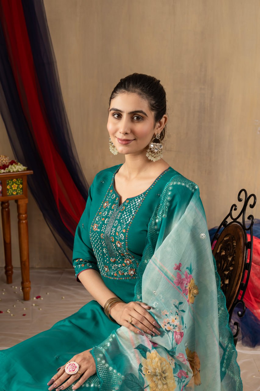 Women's Teal Embroidered Straight Kurta Pant Set with Floral Organza Dupatta