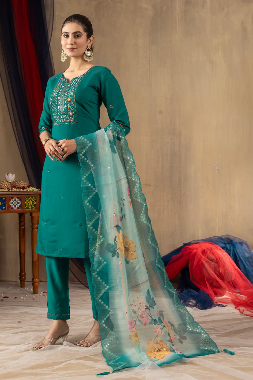 Women's Teal Embroidered Straight Kurta Pant Set with Floral Organza Dupatta