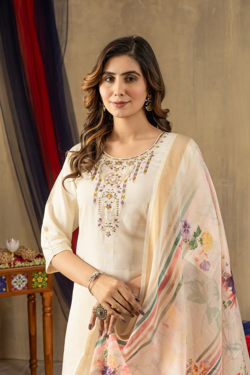 Women's Dusty Rose Embroidered Kurta Set with Floral Dupatta | Premium Ethnic Wear