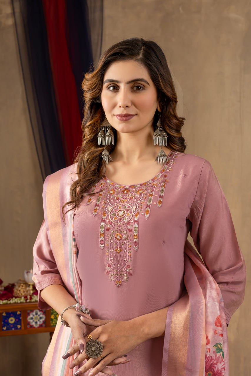 Women's Dusty Rose Embroidered Kurta Set with Floral Dupatta | Premium Ethnic Wear