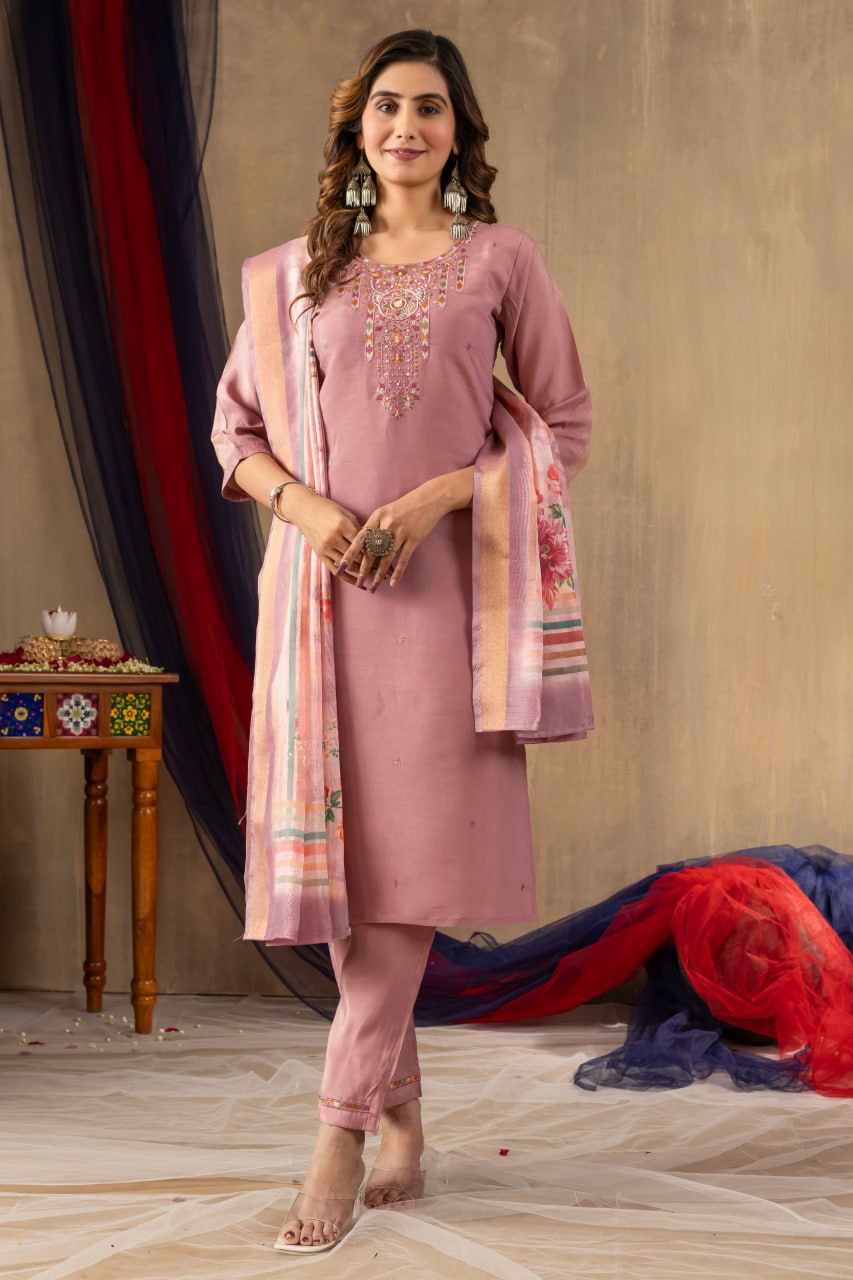 Women's Dusty Rose Embroidered Kurta Set with Floral Dupatta | Premium Ethnic Wear
