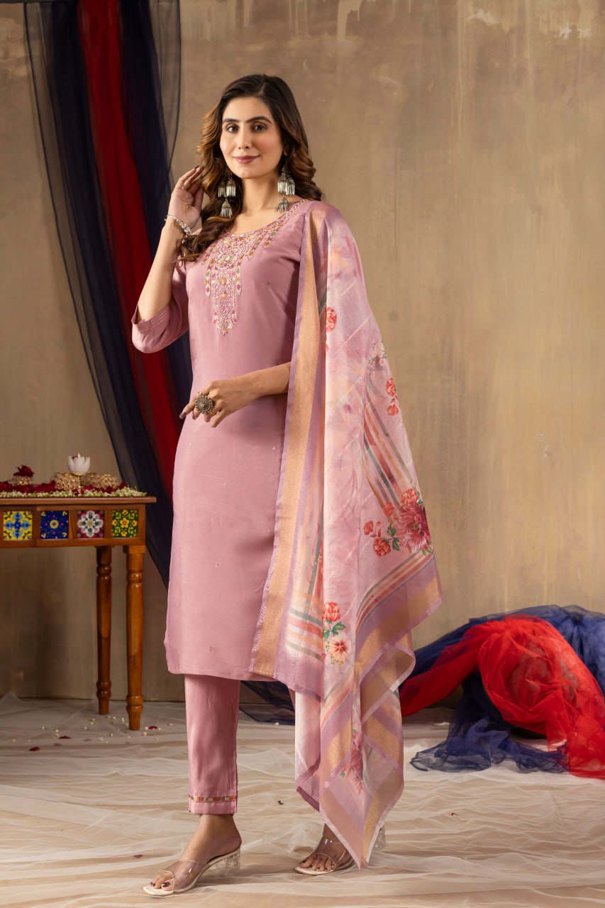 Women's Dusty Rose Embroidered Kurta Set with Floral Dupatta | Premium Ethnic Wear