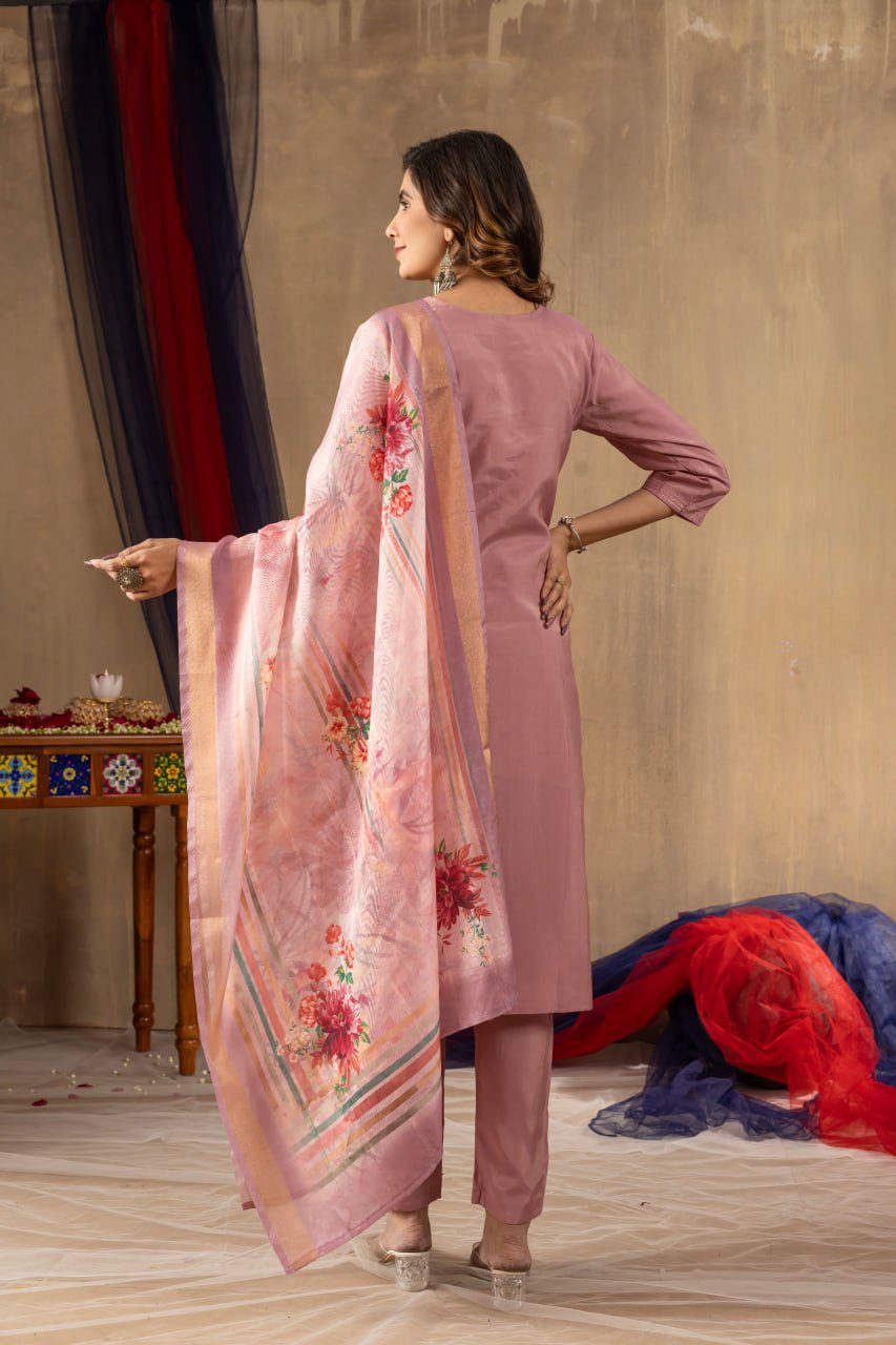 Women's Dusty Rose Embroidered Kurta Set with Floral Dupatta | Premium Ethnic Wear