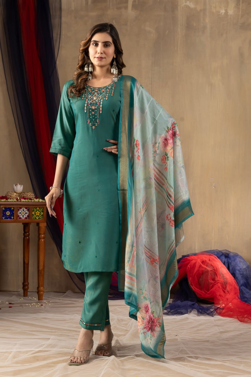Women's Dusty Rose Embroidered Kurta Set with Floral Dupatta | Premium Ethnic Wear