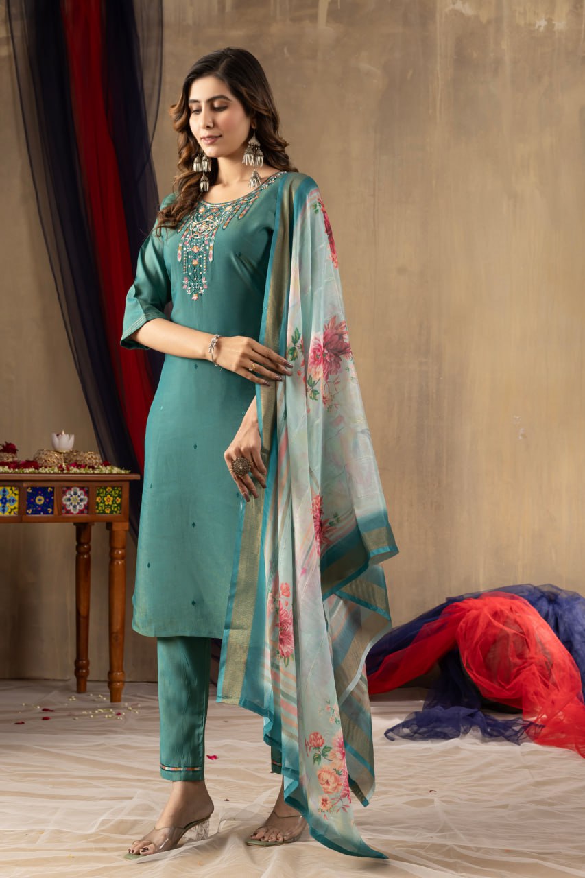 Women's Dusty Rose Embroidered Kurta Set with Floral Dupatta | Premium Ethnic Wear