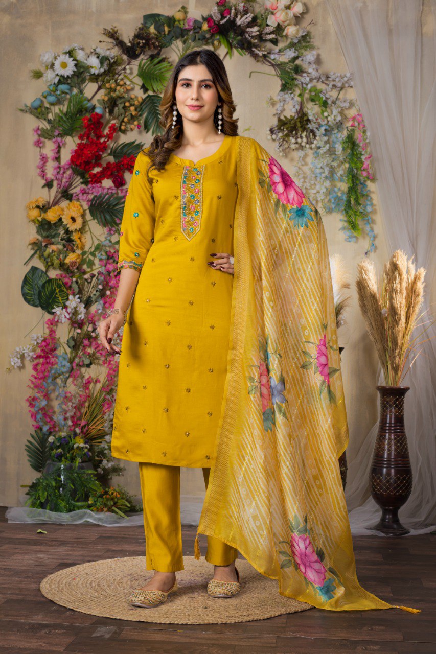 Women's Mustard Yellow Embroidered Kurta Set with Floral Printed Dupatta | Ethnic Wear for Festive & Casual Occasion