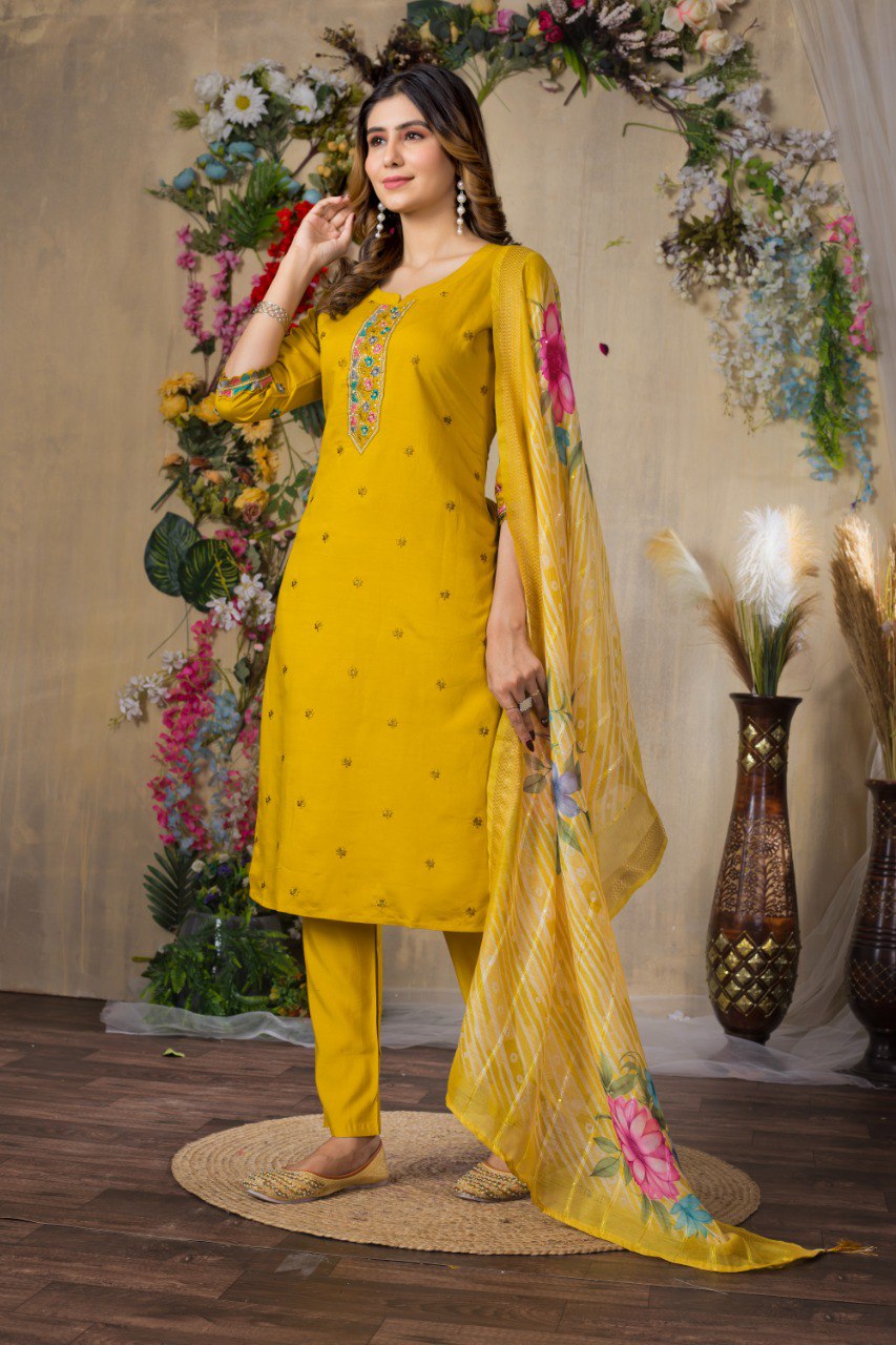 Women's Mustard Yellow Embroidered Kurta Set with Floral Printed Dupatta | Ethnic Wear for Festive & Casual Occasion
