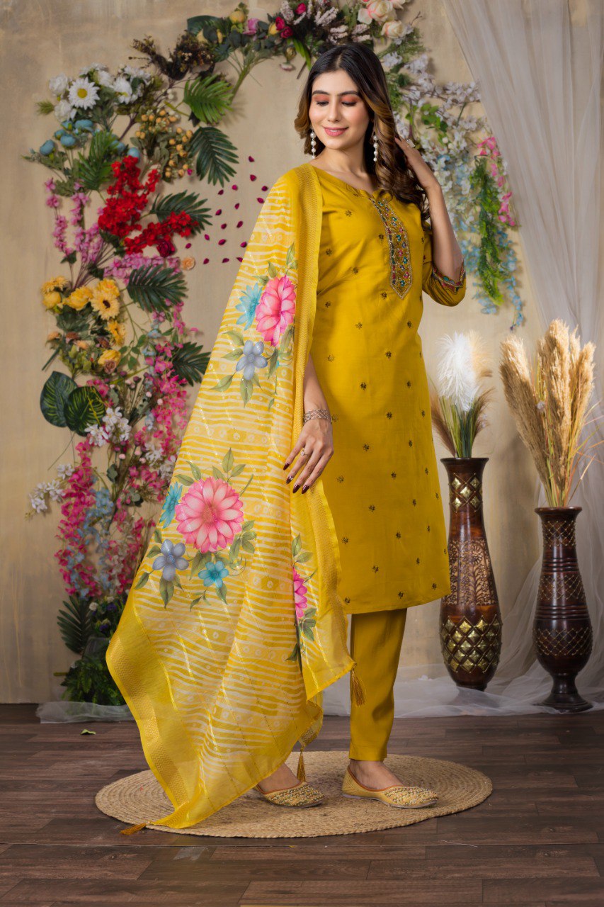 Women's Mustard Yellow Embroidered Kurta Set with Floral Printed Dupatta | Ethnic Wear for Festive & Casual Occasion