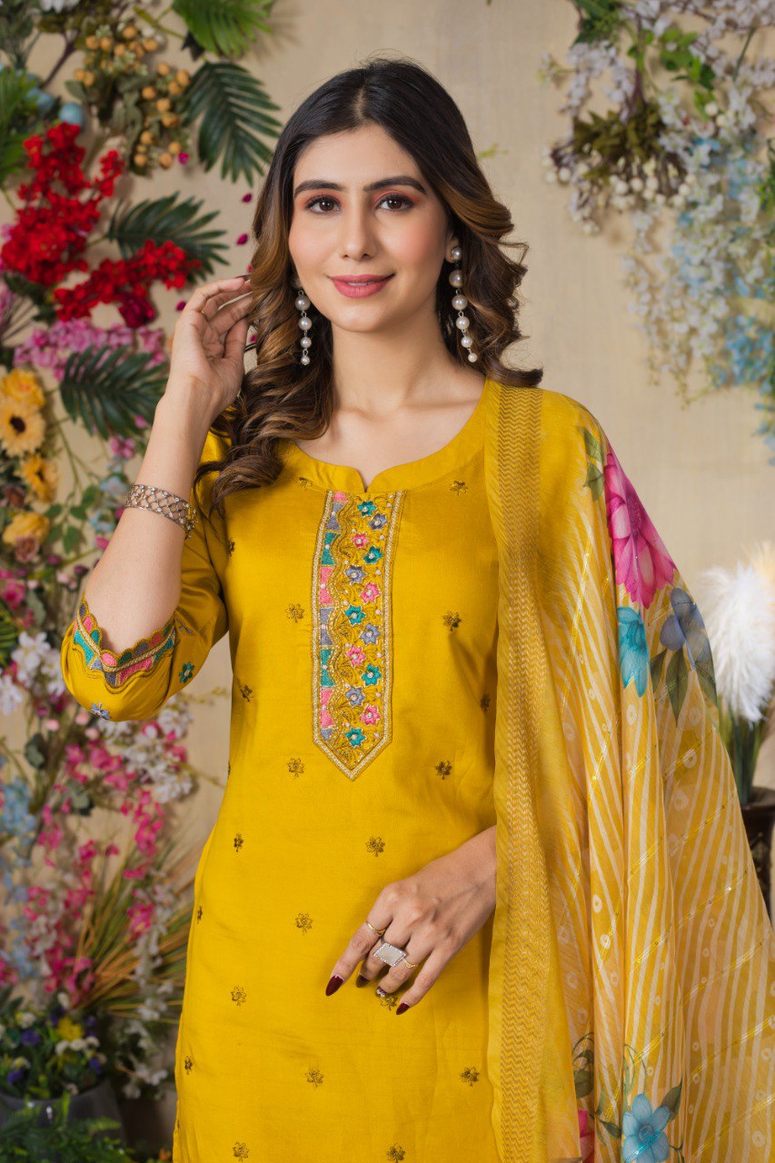 Women's Mustard Yellow Embroidered Kurta Set with Floral Printed Dupatta | Ethnic Wear for Festive & Casual Occasion