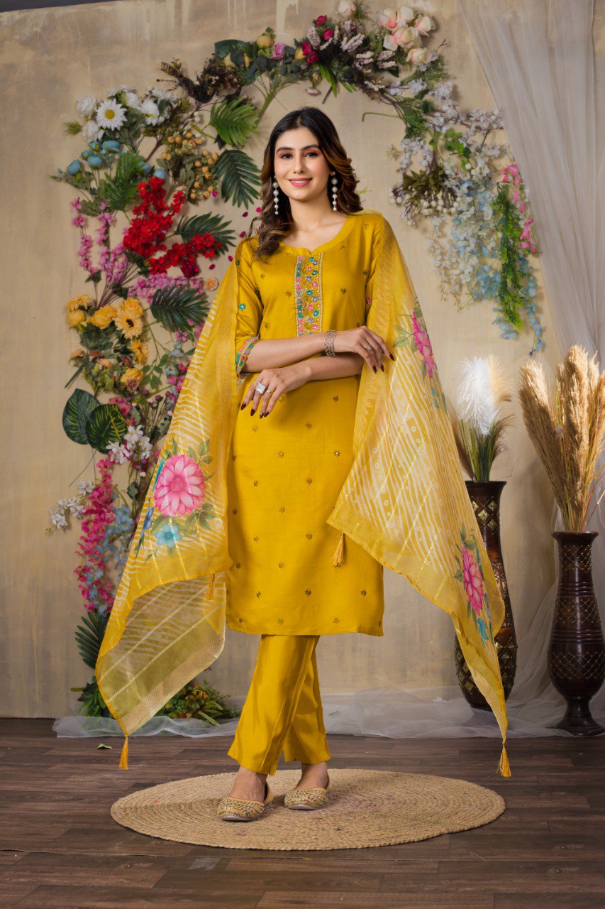 Women's Mustard Yellow Embroidered Kurta Set with Floral Printed Dupatta | Ethnic Wear for Festive & Casual Occasion