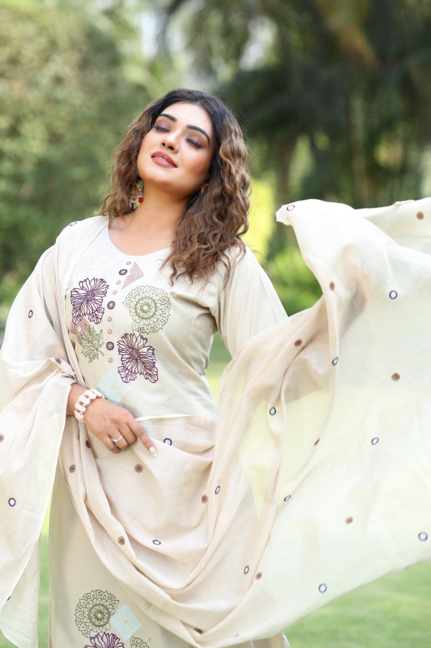 Elegant Beige Embroidered Cotton Kurta Pant Set with Dupatta for Women