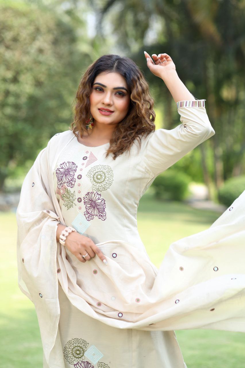 Elegant Beige Embroidered Cotton Kurta Pant Set with Dupatta for Women