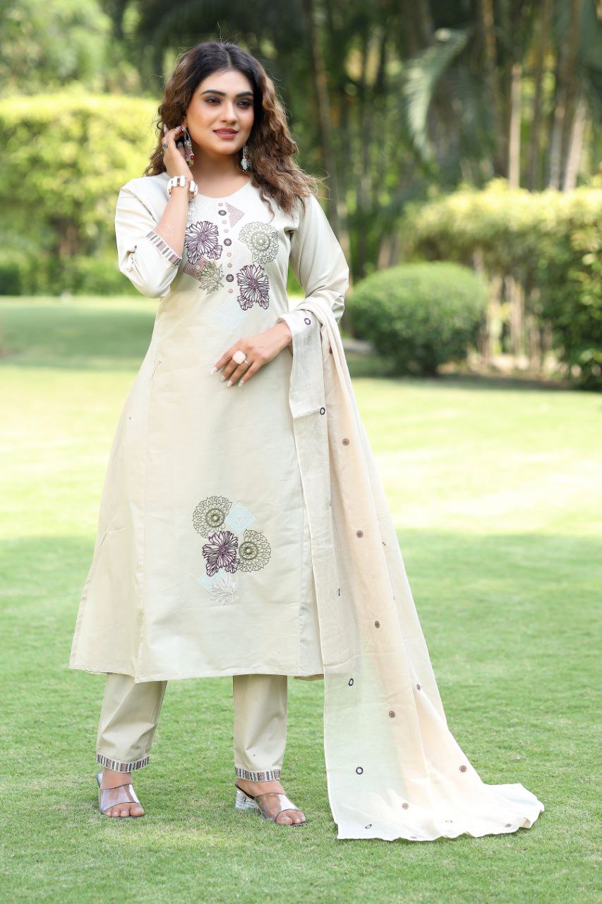 Elegant Beige Embroidered Cotton Kurta Pant Set with Dupatta for Women