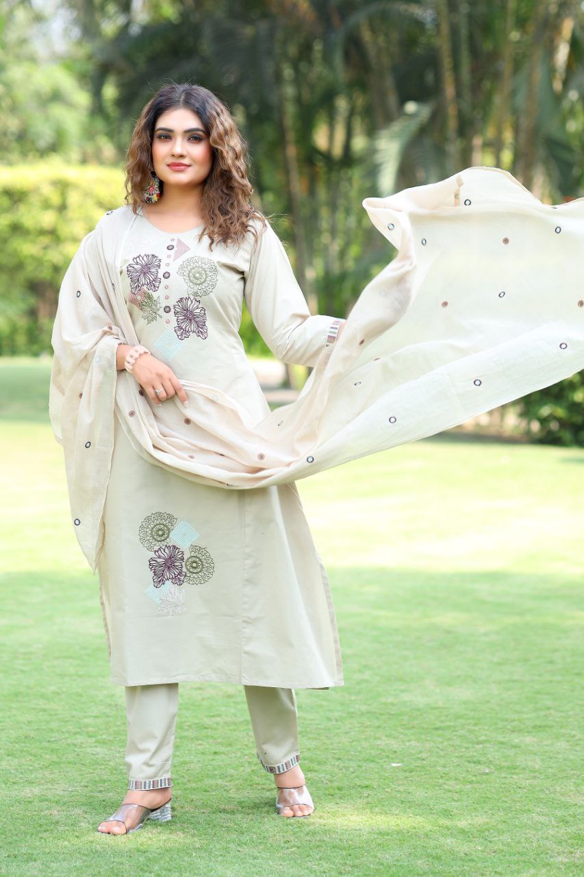 Elegant Beige Embroidered Cotton Kurta Pant Set with Dupatta for Women