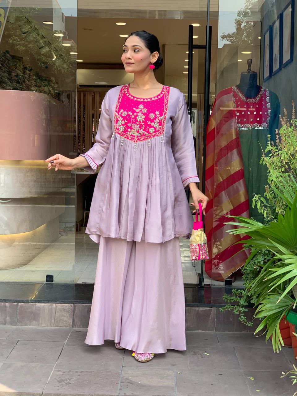Women's Lavender Embroidered Peplum Kurta with Palazzo Set | Ethnic Party & Festive Wear