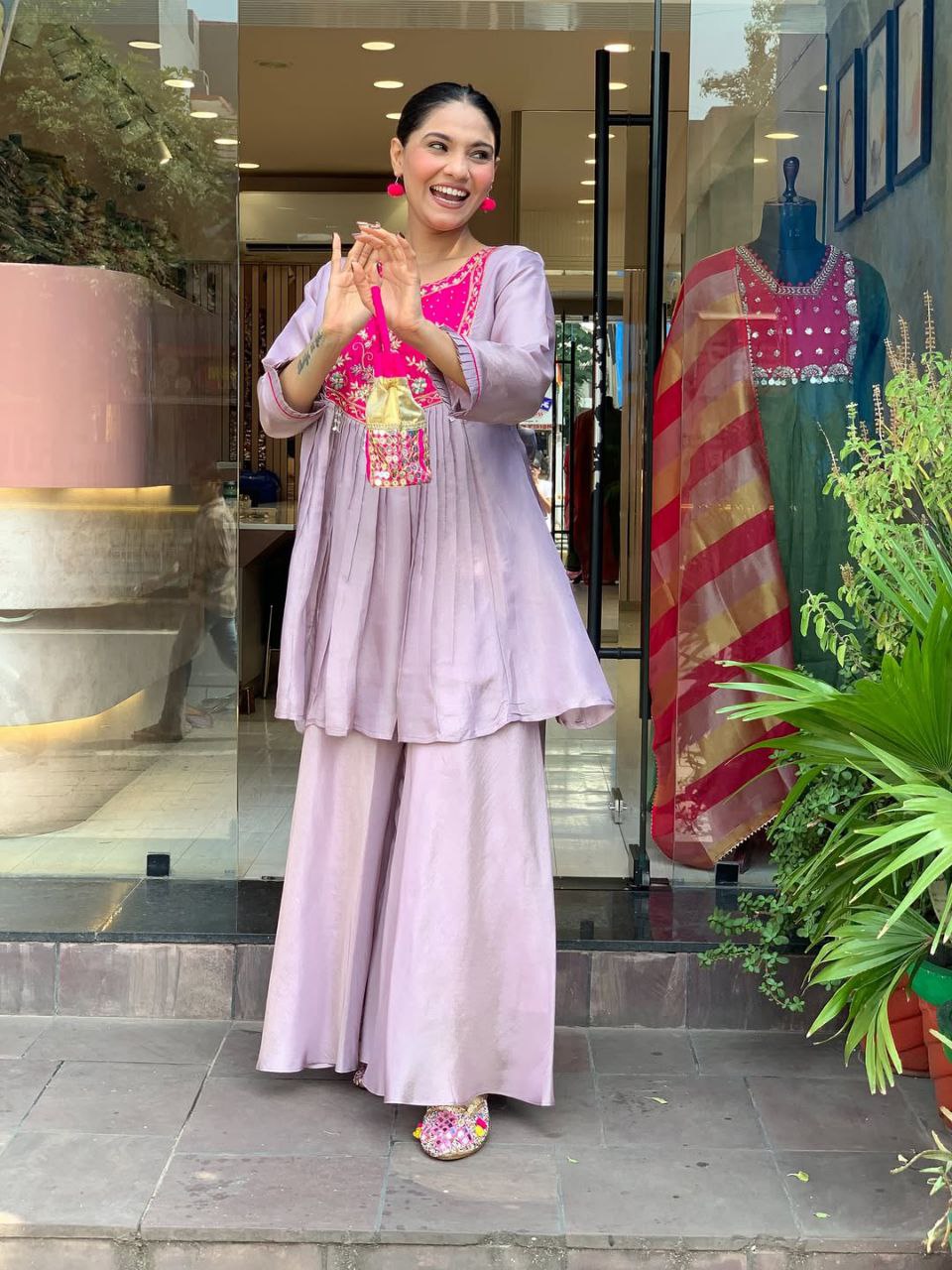 Women's Lavender Embroidered Peplum Kurta with Palazzo Set | Ethnic Party & Festive Wear