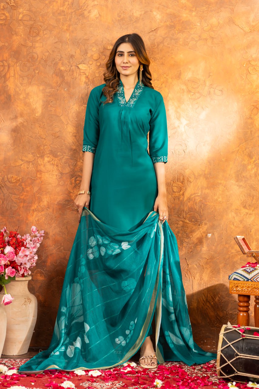 Women's Premium Cotton Embroidered Straight Kurta Pant & Floral Printed Organza Dupatta Set