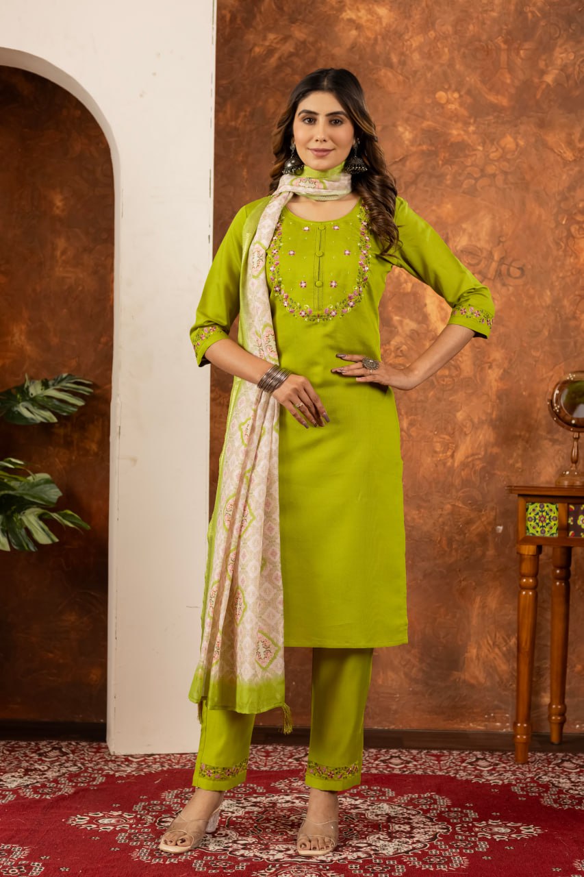 Elegant Off-White Embroidered Cotton Kurta Pant Set with Printed Dupatta for Women | Festive & Casual Ethnic Wear