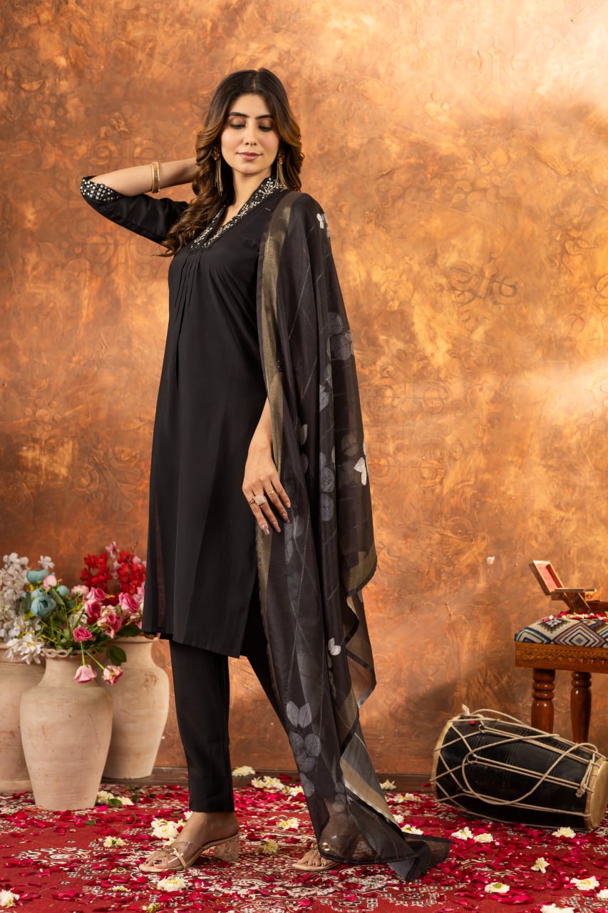 Women's Premium Cotton Embroidered Straight Kurta Pant & Floral Printed Organza Dupatta Set