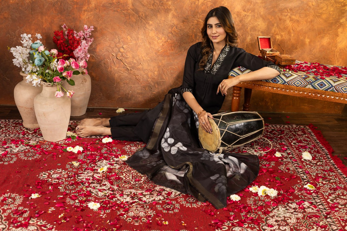 Women's Premium Cotton Embroidered Straight Kurta Pant & Floral Printed Organza Dupatta Set