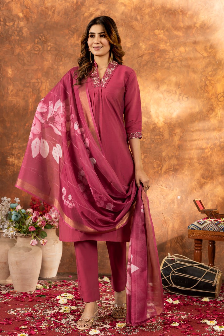Women's Premium Cotton Embroidered Straight Kurta Pant & Floral Printed Organza Dupatta Set