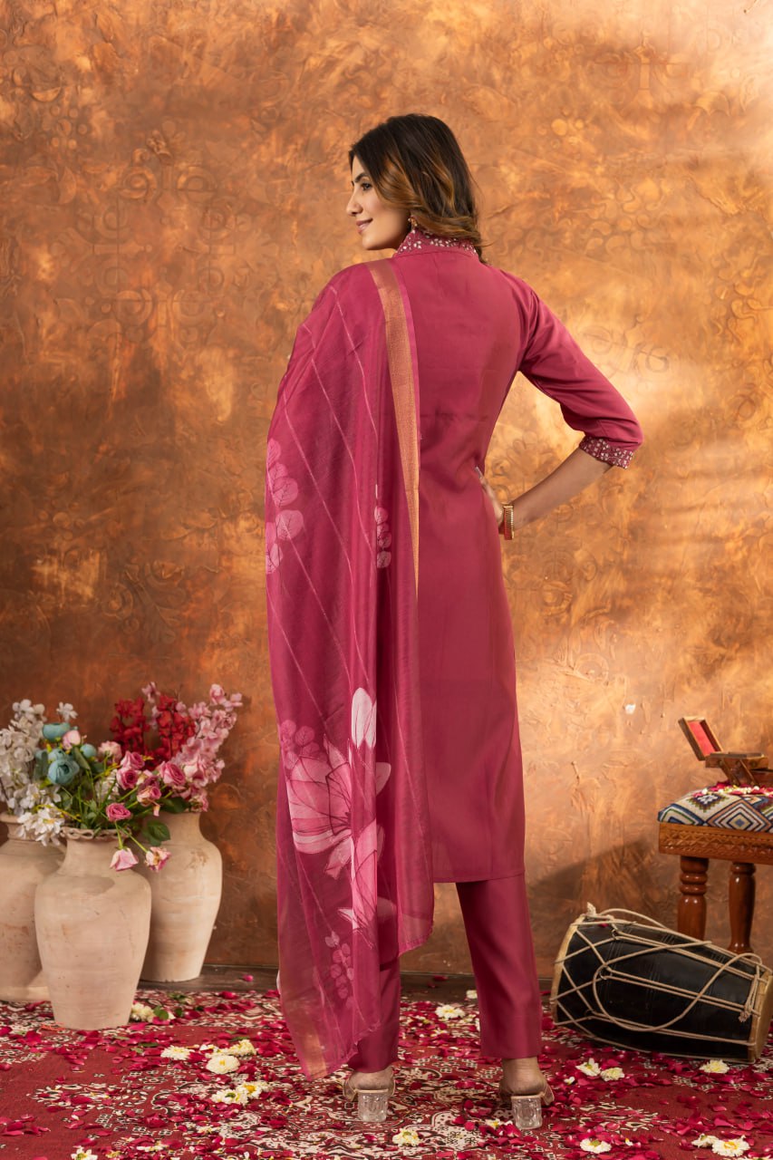 Women's Premium Cotton Embroidered Straight Kurta Pant & Floral Printed Organza Dupatta Set