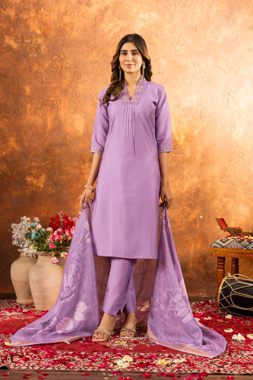 Women's Premium Cotton Embroidered Straight Kurta Pant & Floral Printed Organza Dupatta Set