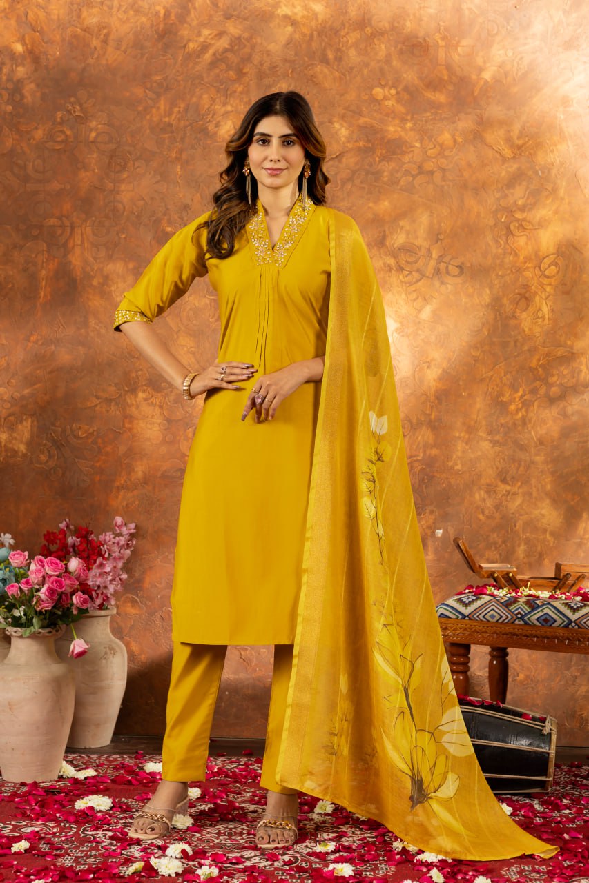 Women's Premium Cotton Embroidered Straight Kurta Pant & Floral Printed Organza Dupatta Set