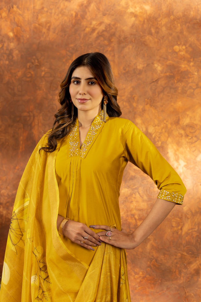Women's Premium Cotton Embroidered Straight Kurta Pant & Floral Printed Organza Dupatta Set