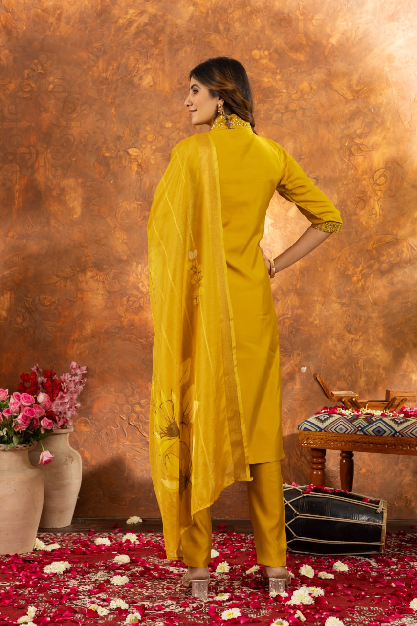 Women's Premium Cotton Embroidered Straight Kurta Pant & Floral Printed Organza Dupatta Set