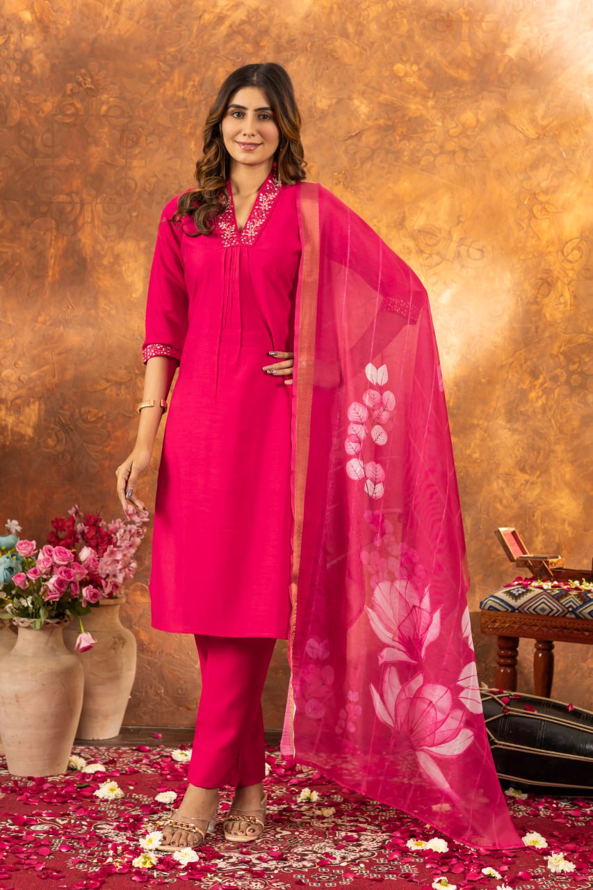 Women's Premium Cotton Embroidered Straight Kurta Pant & Floral Printed Organza Dupatta Set