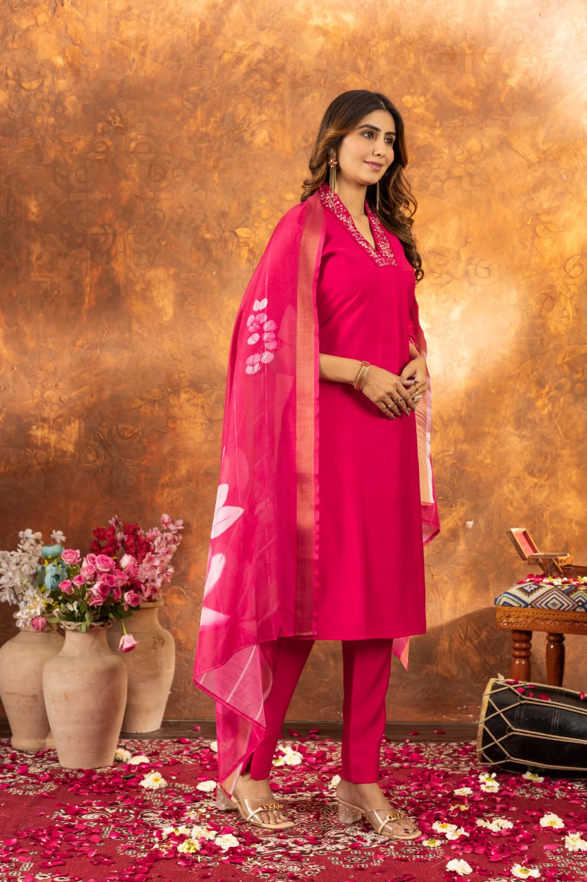 Women's Premium Cotton Embroidered Straight Kurta Pant & Floral Printed Organza Dupatta Set