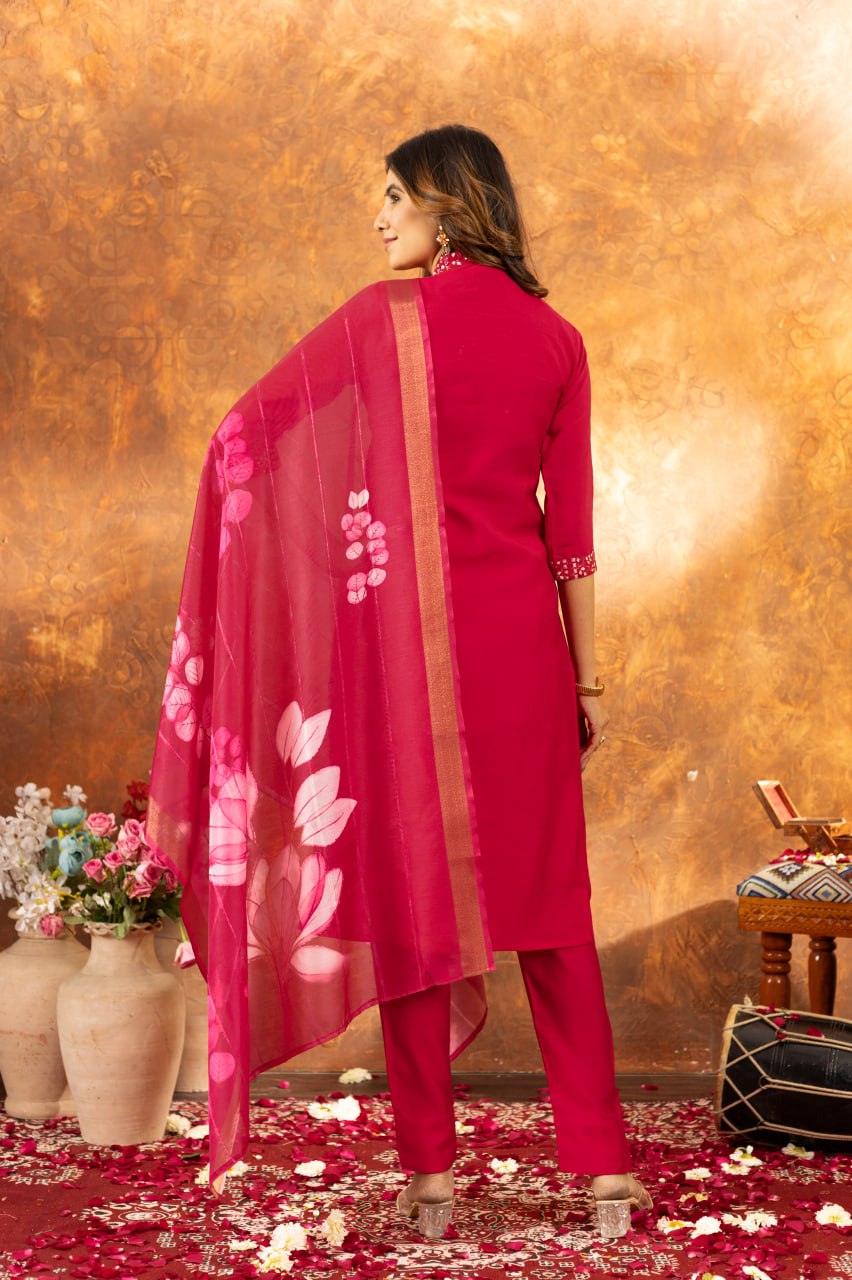 Women's Premium Cotton Embroidered Straight Kurta Pant & Floral Printed Organza Dupatta Set